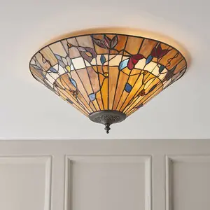 Tiffany Glass Semi Flush Ceiling Light Warm Floral Round Inverted Shade i00034