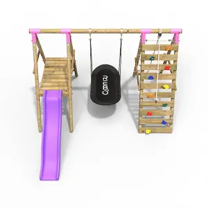 Rebo Wooden Swing Set with Deck and Slide plus Up and Over Climbing Wall - Onyx Pink