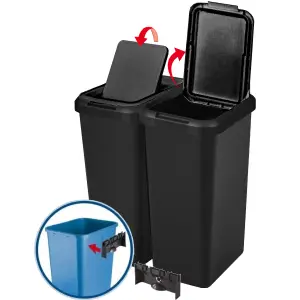 Recycling 45 Litre Set of 2 Waste Utility Plastic Bins Interlocking Clips Lift and Swing Black Bin, 2 x 45L Bins