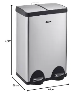 Cooks Professional Kitchen Rubbish Recycling Pedal Bin 60L 2 Waste Compartment Hands-Free Silver