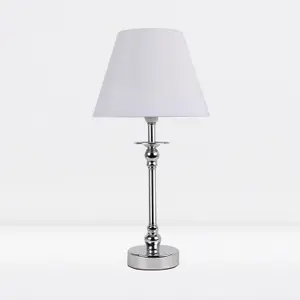 First Choice Lighting Chrome Plated Bedside Table Light with Ball Detail Column White Fabric Shade