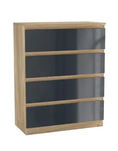 URBNLIVING 90cm Tall 4 Drawer High Gloss Bedside Chest of Drawers with Smooth Metal Runner Oak & Grey