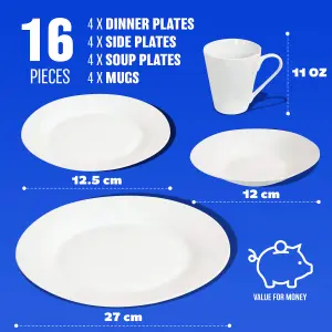 16Pc Dinner Set Bowl Plate Mug Soup Side Porcelain Cup Gift Kitchen Dining Plain