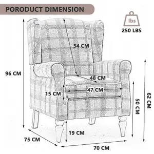 Wingback Tartan Armchair Soft Padded Retro Check Leisure Chair Fabric Lounge for Living Room Bedroom - Blue