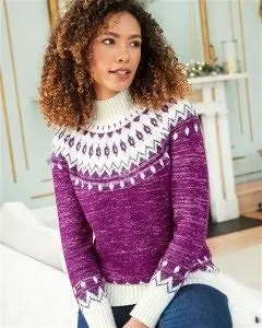 Cotton Traders Women's Fair Isle Turtleneck Jumper In Purple - Size 22