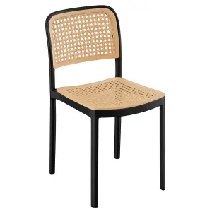 VonHaus Dining Chairs Set of 4, Black & Natural Rattan Effect Kitchen Chairs, Compact & Stackable Plastic Chairs for Dining Room