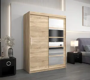 Stylish Oak Sonoma Roma I Sliding Door Wardrobe W1500mm H2000mm D620mm Mirrored Vertical Handles Elegant Storage Solution