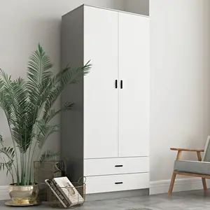 URBNLIVING 180cm Tall Wooden 2 Door Wardrobe Grey Carcass and White Drawers With 2 Drawers Bedroom Storage Hanging Bar Clothes