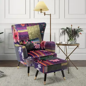 Fabric Patchwork Victoria Accent Wingback Chair with Footstool