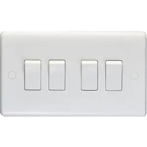 4 Gang Quad 10A Light Switch 2 Way - WHITE PLASTIC Wall Plate Outlet Rocker