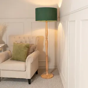 ValueLights Victoria Traditional Light Wood Candlestick Floor Lamp with Forest Green Drum Shade