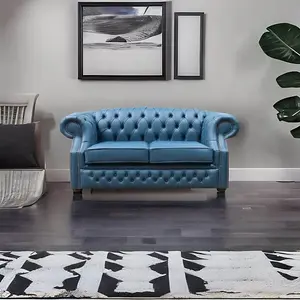 Chesterfield 2 Seater Sofa Majolica Blue Real Leather In Buckingham Style