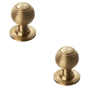 2 PACK - Reeded Ball Door Knob - 35mm Satin Brass Lined Cupboard Pull Handle & Rose