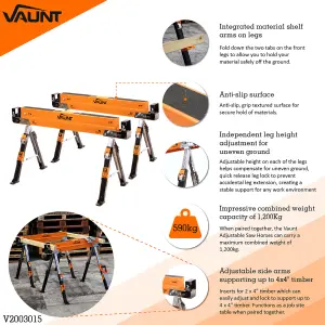 Vaunt Fully Adjustable Trestle Twin Pack Saw Horse Max Load Capacity 1,200kg