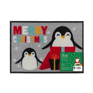 JVL Christmas Machine Washable Door Mat - 40x57cm - Penguins