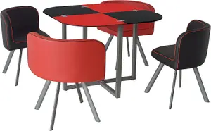 Dining Table And 4 Faux Leather Chairs Space Saver Black And Red Kitchen Set of 4 (Red/Black)