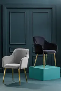 Interiors by Premier Grey Velvet Dining Chair, Mid-Century Modern Velvet Dining Chair, Stylish Grey and Gold Dining Chair