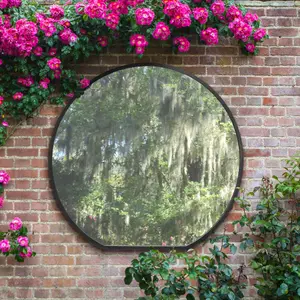 MirrorOutlet The Circulus Black Framed Flat Bottom Circular Garden Wall Mirror 126CM X 120CM