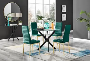 Furniturebox UK Novara Black Leg Round Glass Dining Table & 4 Green Velvet Milan Gold Leg Chairs