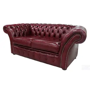 Chesterfield 2 Seater Old English Burgandy Leather Sofa Settee In Balmoral Style