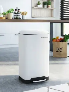 SONGMICS  Kitchen Bin, 8 Gallon (30L) Rubbish Bin, Steel Pedal Bin With Lid And Inner Bucket, Soft Close, White