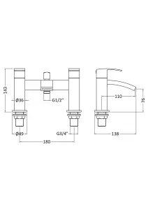 Square Deck Mounted Bath Shower Mixer Tap & Shower Kit - Chrome