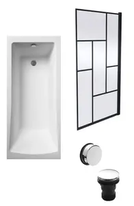 Square Single Ended Bath, Abstract Black Screen and Chrome Waste - 1700 x 700mm