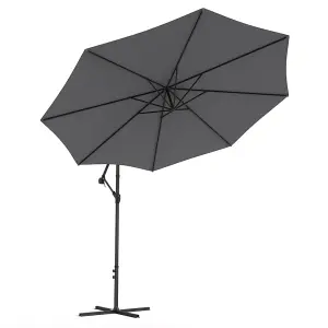 3M Large Rotatable Garden Sun Shade Cantilever Parasol Patio Hanging Banana Umbrella Crank Tilt with Cross Base, Dark Grey