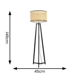 ValueLights Lottie Black Wood Tripod Floor Lamp with Natural Cane Rattan Drum Shade - LED Bulb Included