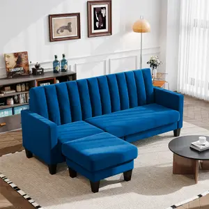 Sectional Couch Velvet L Shaped 3 Seat Blue Sofa with Chaise