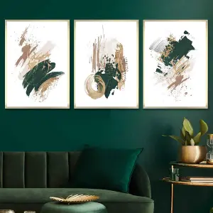 Set of 3 Green, Beige and Gold Prints of Abstract Oil Paintings Wall Art Prints / 42x59cm (A2) / White Frame