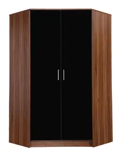 REFLECT 2 Door Corner Wardrobe in Gloss Black Door Fronts and Walnut Carcass