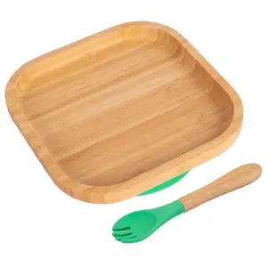 Bamboo Square Baby Weaning Plate & Fork Set - Green