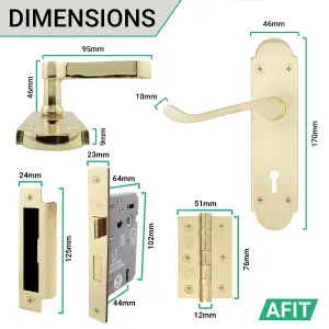 AFIT Polished Brass Door Handle Key Lock Set - Victorian Scroll - 1 Pair of Internal Door Handles, Hinges 76mm, Sash Lock 64mm