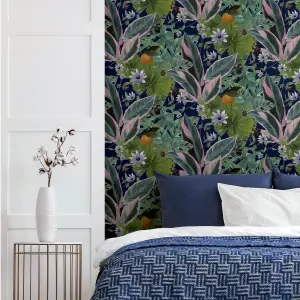 Arthouse Passion Flower Navy Wallpaper