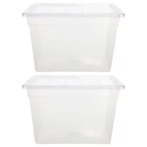 2 x 64 Litre Strong Clear Transparent Storage Containers Ideal For Clothes & Books