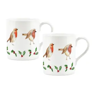 Purely Home Festive Christmas Robins & Holly Bone China Mugs - Set of 2