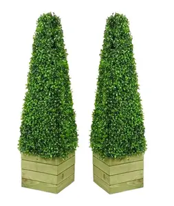 PAIR of Artificial Tree 3ft Pyramid Cones Indoor outdoor Topiary Wood Pot all weather