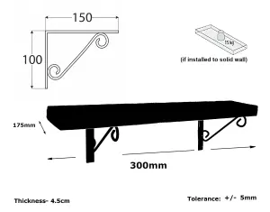 Wooden Rustic Shelf with Bracket WOP Black 170mm 7 inches Teak Length of 30cm