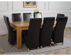 Dakota 182 x 92 cm Chunky Oak Large Dining Table and 8 Chairs Dining Set with Lola Black Leather Chairs