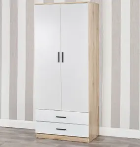 URBNLIVING 180cm Tall 2 Door Wardrobe Oak Carcass and White Drawers With 2 Drawers Bedroom Storage Hanging Bar Clothes