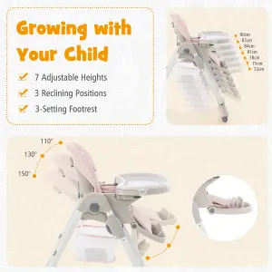 Costway Folding Baby High Chair Height Adjustable Convertible High Chair W/ Removable Tray