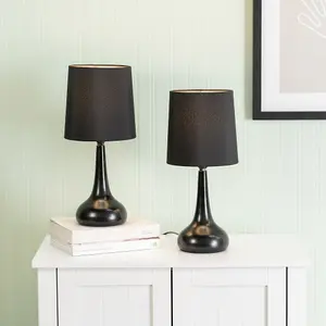 Pair - Black Teardrop Touch Dimmer Table Lamps with Black Shade for Bedside Table Bedroom Light