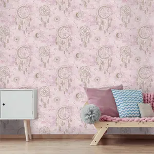 WallpaperShop Dreamcatcher Pink Gold Wallpaper Children's Bedroom Feature Wall