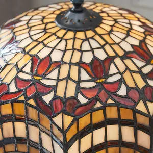 Tiffany Glass Table Lamp Light Dark Bronze & Multi Colour Scalloped Shade i00231