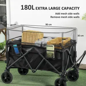 Outsunny 180L Folding Garden Trolley Wagon Cart w/ Extendable Side Walls, Black