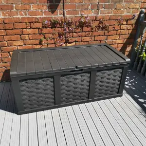 HUGE XXL 634 Litre Rattan Style Garden Cushion Storage Box   Sit on Lid   Black