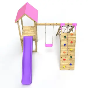 Rebo Challenge Wooden Climbing Frame with Swings, Slide and Up & over Climbing wall - Bear Pink