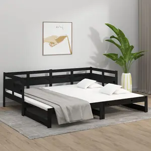 Berkfield Pull-out Day Bed Black Solid Wood Pine 2x(90x190) cm