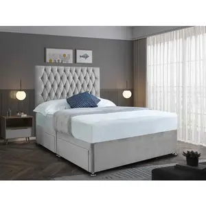 Jemma Divan Bed Set with Headboard and Mattress - Plush Fabric, Silver Color, 2 Drawers Right Side